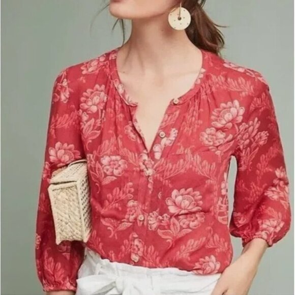 Anthropologie Akemi Kin Top Womens Large Red Coconino Floral Button Up Boho - Picture 1 of 9